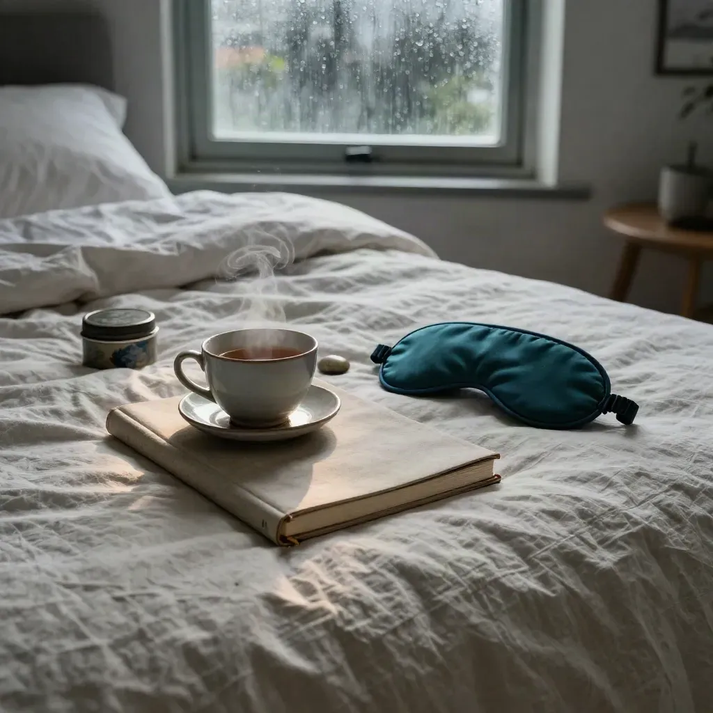 Bedside wind-down still life with journal, tea cup, sleep mask, stone, and rain-lit linen bed.