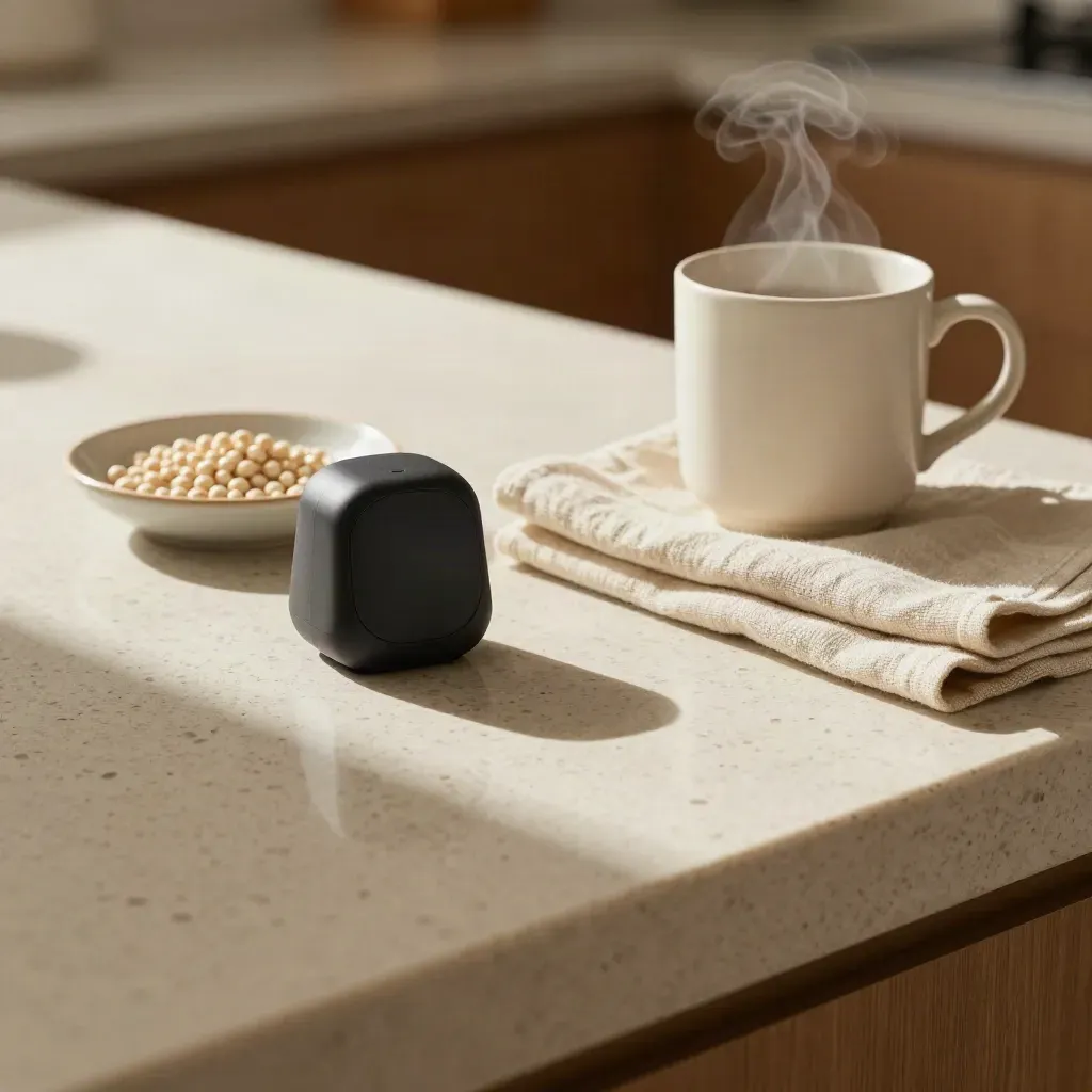 Kitchen timer, steaming mug, linen napkin, and beads on a travertine counter during breath work.