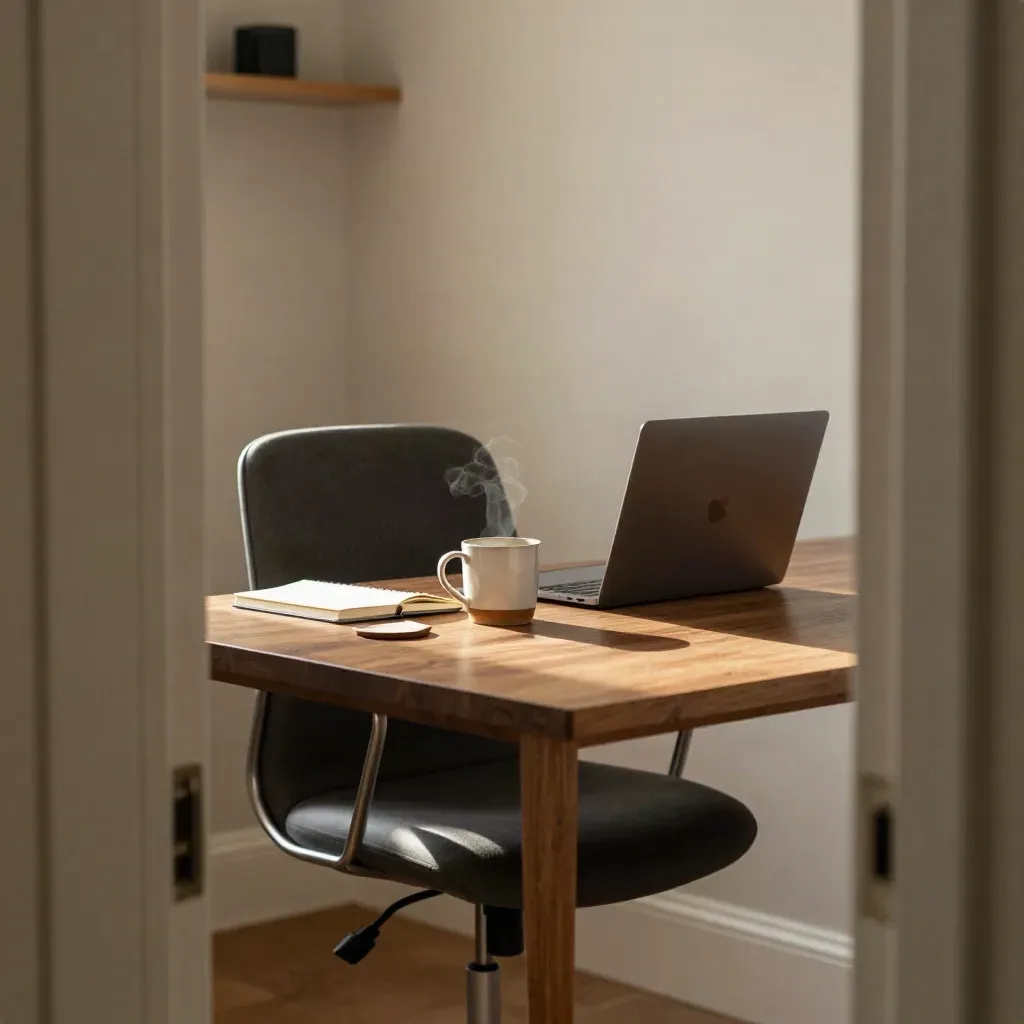 Pull-back chair, closed laptop, mug, and folded notebook on a warm walnut home-office desk.