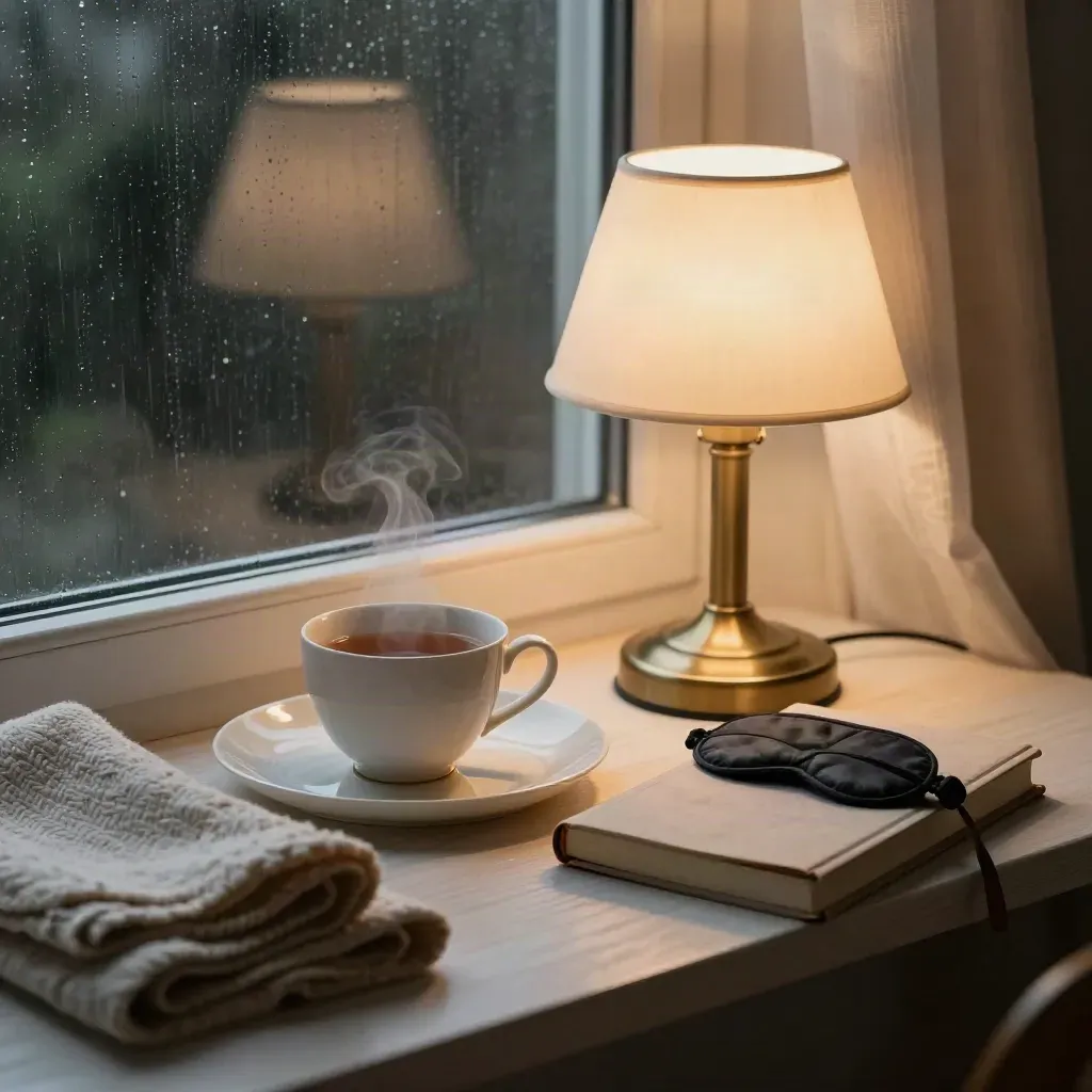 Bedside wind-down kit by a rainy dark window with lamp glow and tea