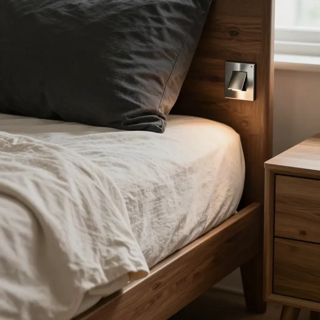 Bedside lamp switch fading to dark beside a folded duvet and charcoal pillow