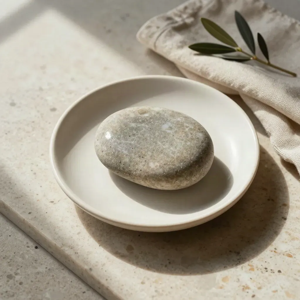 River stone breath counter with linen, olive sprig and ceramic dish on travertine.